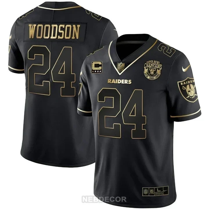 MEN'S RAIDERS SUPER BOWL CHAMPIONS PATCH WHITE GOLD AND BLACK GOLD JERSEY - ALL STITCHED